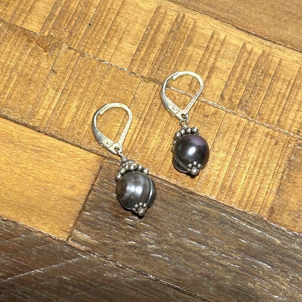 Vintage Sterling Silver Gray Pearl Drop Earrings – 1990s 925 Leverback